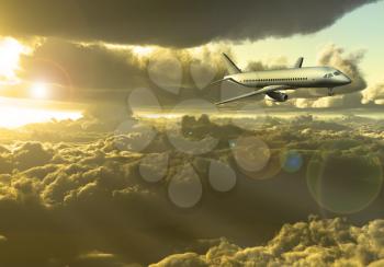Jet Aircraft flying between clouds. 3D rendering