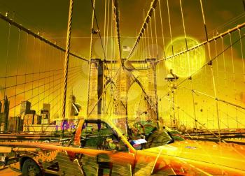Surreal digital art. Yellow cab on the Brooklyn bridge. Graffiti elements. Full moon in the sky.