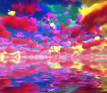 Surreal digital art. Colorful clouds reflected in the water.
