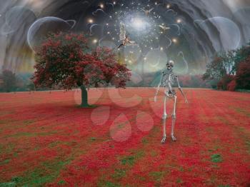 Skeleton in surreal landscape. Angels fly in the sky