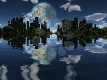 Surreal digital art. Future city with green trees on a water surface. Giant terraformed moon in the sky.