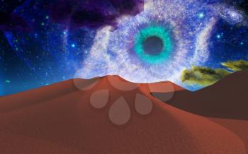 Desert, stars and galaxy in eye shape