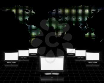 Global Communications. Computer monitors and world map