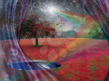 Wormhole to another world in a surrealistic landscape. Angels fly in the sky
