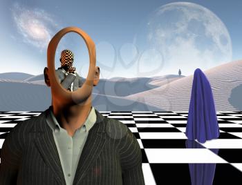 Surrealism. Faceless businessman with another thinking businessman behind him stands on chessboard. Lonely man in a distance. White sand dune. Figure covered by purple clothes. 3D rendering