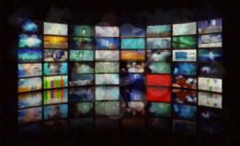 Mass media. Wall of TV's screens