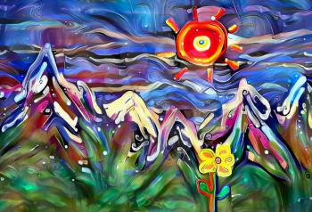 Abstract painting, mountain landscape with flowers