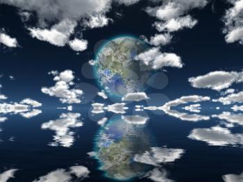 Surreal digital art. Terraformed moon in cloudy sky reflects in water surface.