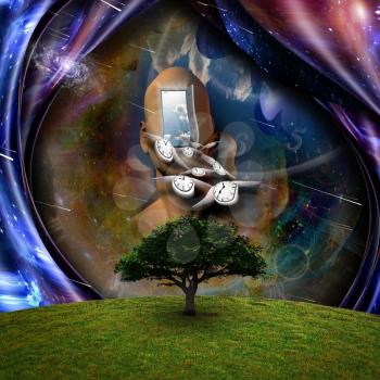 Surrealism. Flow of Time through space. 3D rendering.