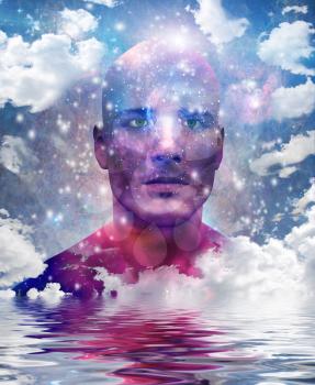 Man with head in clouds and filled with stars