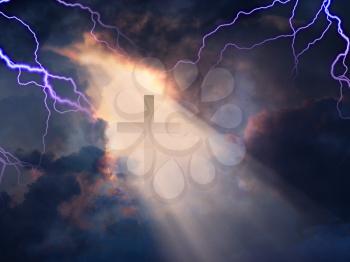 Lightning Stikes while cross is revealed in sunlight streaming