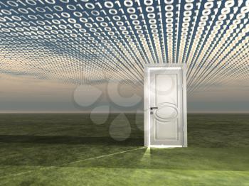 Doorway in landscape with binary streaming