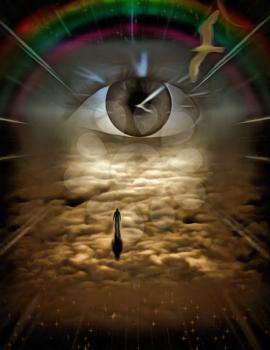 Surrealism. Figure of man goes to God's Eye . Clock Face, rainbow and bird in the sky.