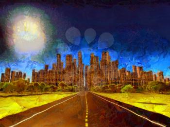 Surreal painting. Highway leads to desolate city.