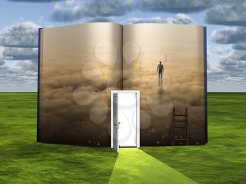 Surrealism. Book with opened door, ladder and figure of man in clouds.