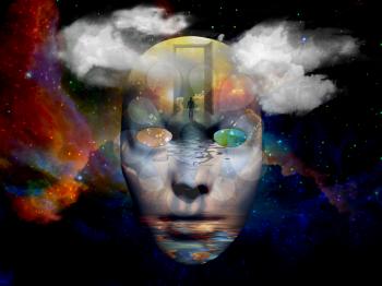 Mask with the image of man and open door to another world at the seashore. Colorful universe on background.