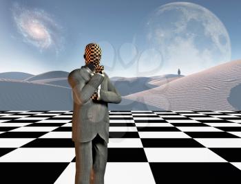 Surrealism. Thinking businessman stands on chessboard. Lonely man in a distance. White sand dune. 3D rendering