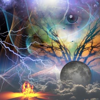 Surrealism. God's eye, moon, fire and clouds. Suit and branches of a tree