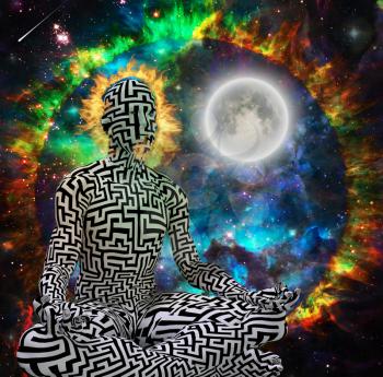 Spiritual modern art. Space Meditation. Maze man in lotus pose