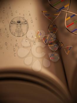 Genesis book. DNA strands and Vitruvian man