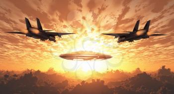 Military Jets Pursue UFO. Sunset or sunrise