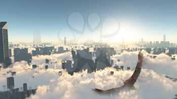 Eagle flies over city. 3d rendering