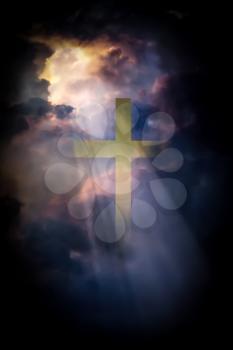 Cross in stormy sky with rays. Spiritual composition. 3D rendering