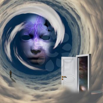White door, God's face, man walking on a cloud. 3D rendering