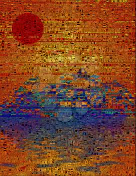 Red sun above water. 3D rendering