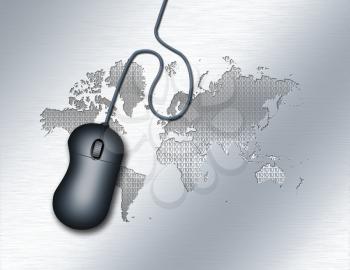 Computer mouse. World map background. 3D rendering