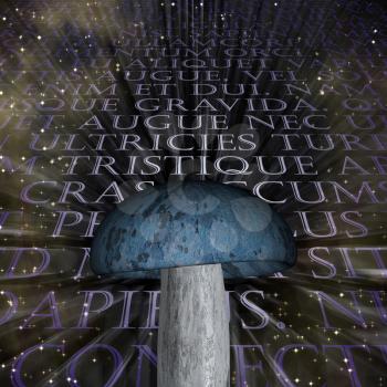 Mushroom and latin text. 3D rendering