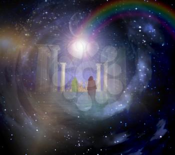 Temple in spiritualy based composition. 3D rendering
