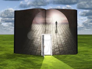 Surrealism. Book with opened door and figure of man in stone tunnel. 3D rendering