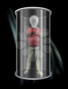 Idea man in glass case. Surreal composition. 3D rendering.