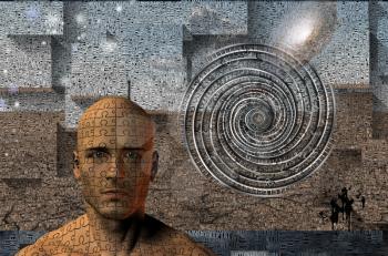 Man's face composed of puzzle pieces. Surreal composition with words and geometric elements. 3D rendering.