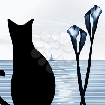 Black cat. Sailboat sails calm ocean. Lily flowers. 3D rendering.