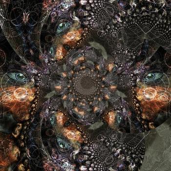Eye peers out of fracta. Modern digital art. 3D rendering.