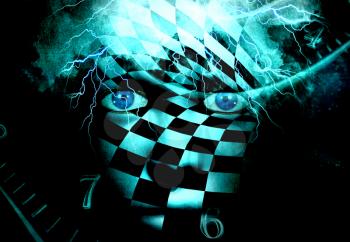 Surrealism. Woman's face with checkered pattern. Spirals of time. 3D rendering.