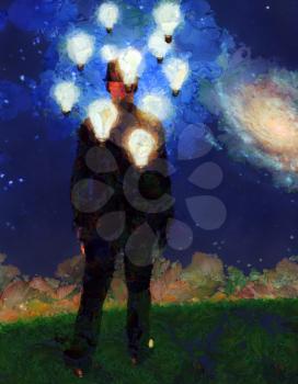 Surreal painting. Man in suit stands in field. Light bulbs around his head represents ideas. 3D rendering