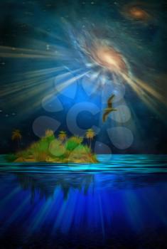 Floating Tropical Island. Surreal sky with rainbow and galaxies. 3D rendering