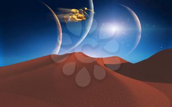 Space journey. Red alien desert. 3D rendering