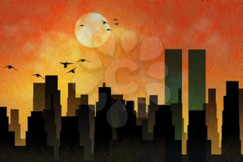 Manhattan silhouettes and birds. 3D rendering