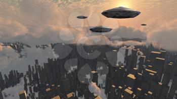 Flying saucers over futuristic megapolis. Sunset. 3D rendering