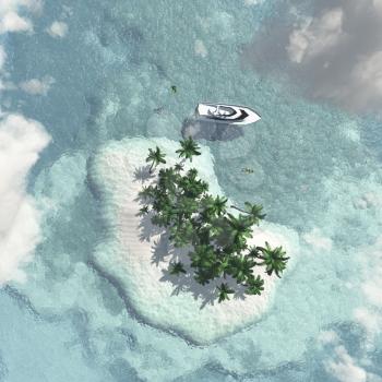 Tropical Island with Boat from Above. 3D rendering