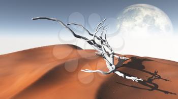 Red Sand Flat Desert with Moon and whithered tree branch. 3D rendering