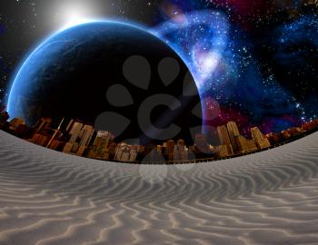 Surreal landscape. Desert City. Big planet in vivid galaxy. 3D rendering
