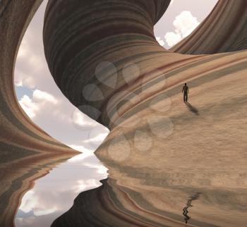 Man on carved canyon rock. 3D rendering