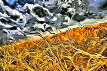 Impressionism. Painting of field of wheat. 3D rendering