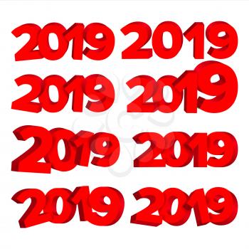 2019 3D Sign Set Vector. Red Numbers 2019. Element For Holidays Winter Design. Happy New Year Celebration Banner, Card, Flyer Isolated Element. Illustration