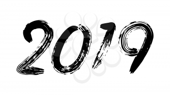 2019 Sign Vector. Grunge Calligraphy. Happy New Year. Brush. Design Element. Black Numbers Isolated On White Background Illustration